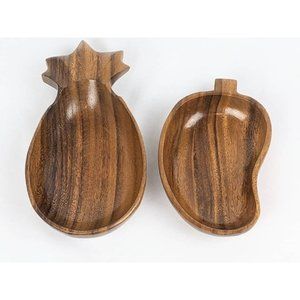 Set of 2 Vtg Handcarved Wood Bowls | MCM Wood Trinket Dish Pineapple Tidbit Tray